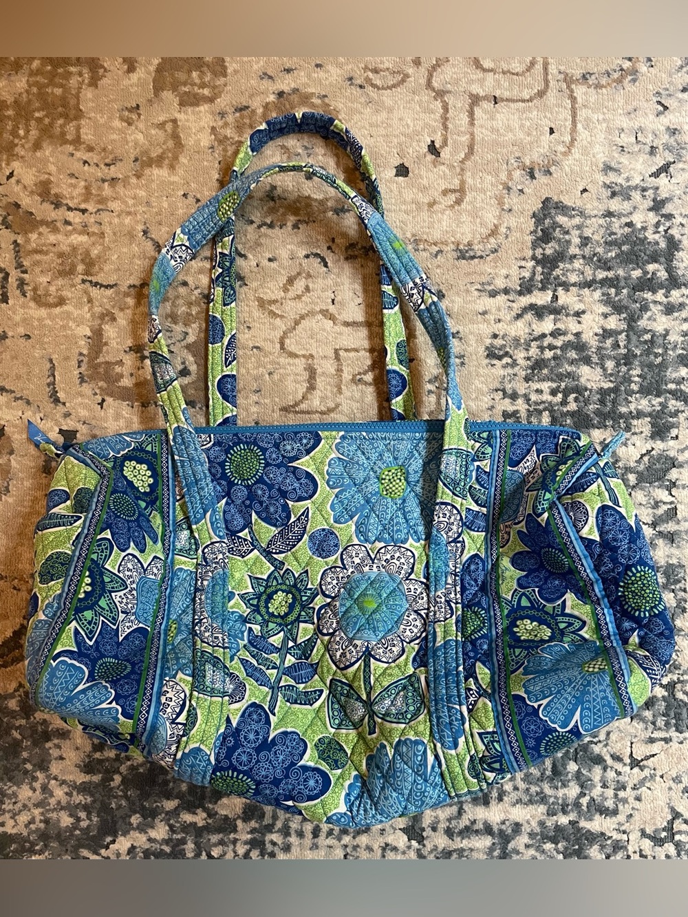 Vera Bradley Doodle Daisy Retired Quilted Floral Duffel Bag - Blue & Green